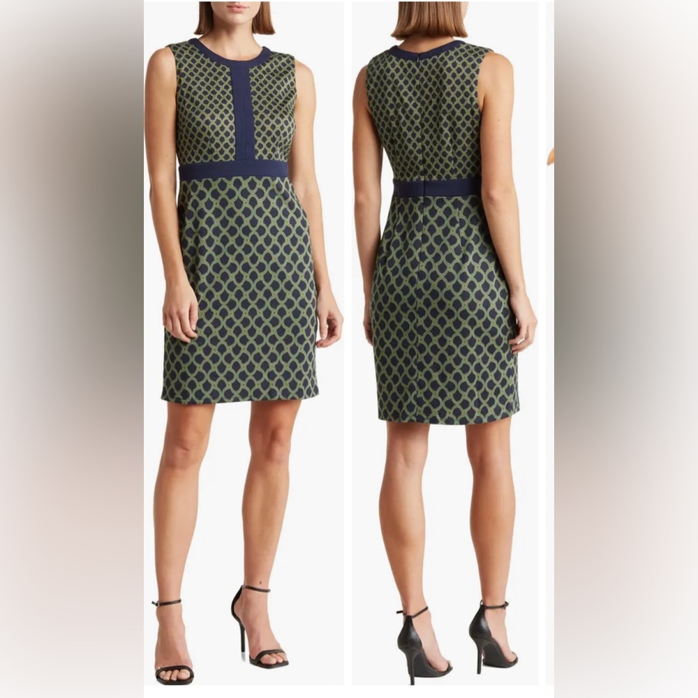 London Times Women’s Geometric Sleeveless Dress Size:10 Navy/Green (NWT)